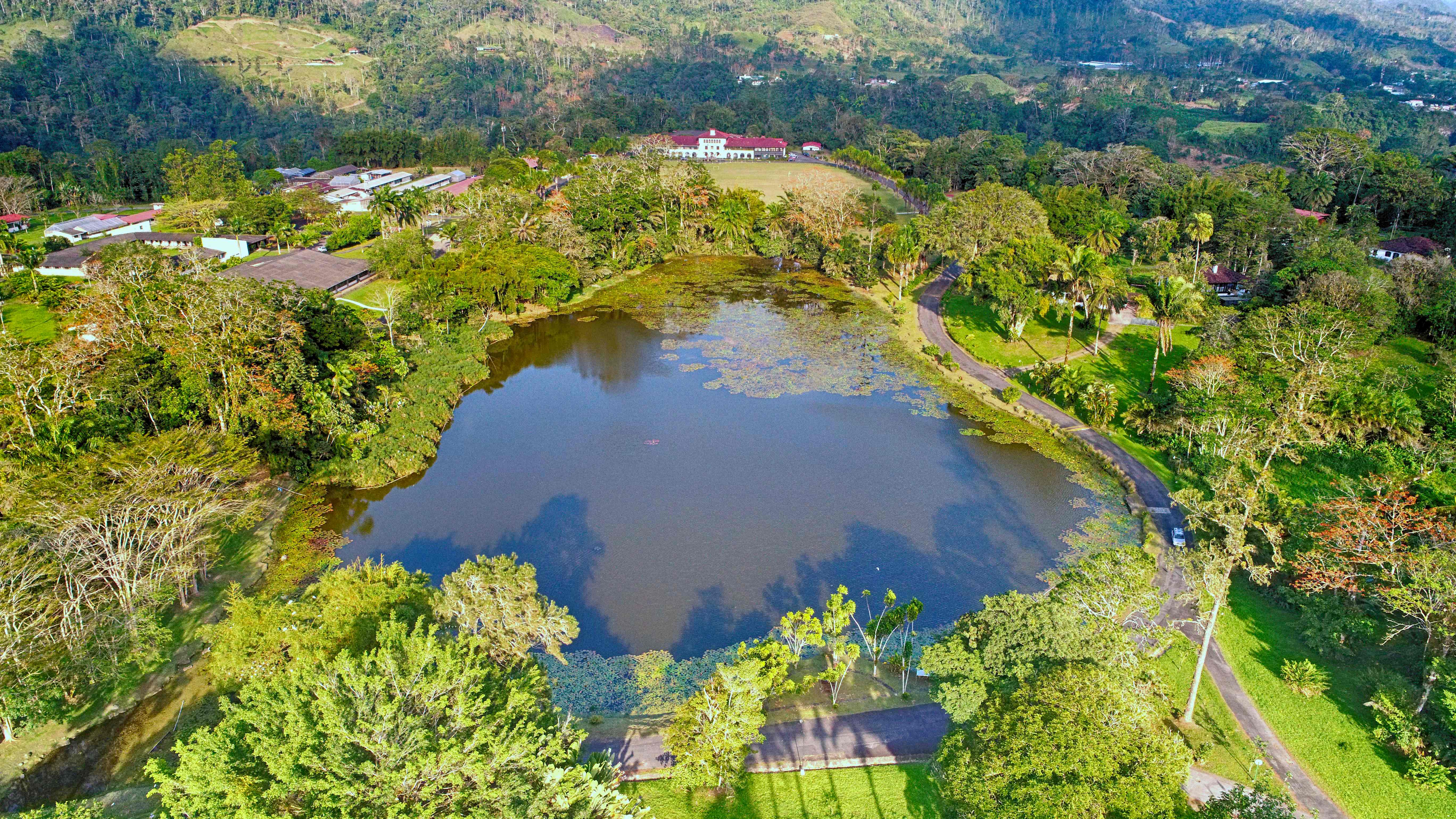 Vista aérea del campus del CATIE en Turrialba, Costa Rica, con su lago rodeado de bosque tropical